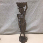 WOOD CARVED WOMAN W/BOWL STATUE