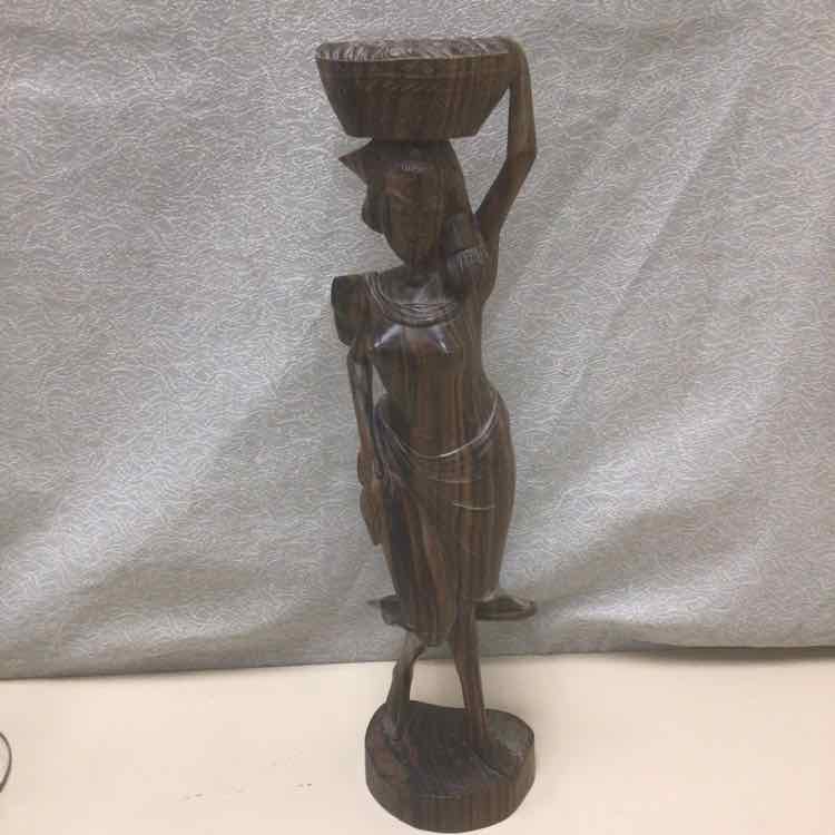 WOOD CARVED WOMAN W/BOWL STATUE