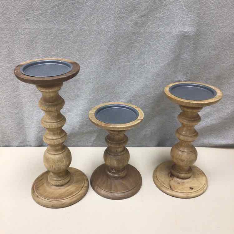 3 WOOD CANDLESTICKS