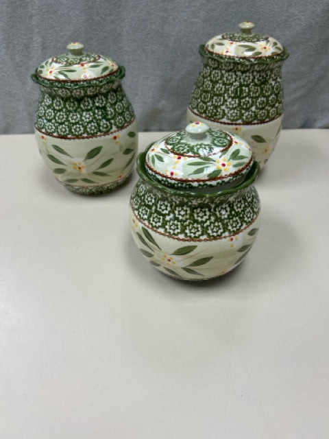 3 GREEN WHITE FLORAL CANISTERS
