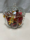 CLEAR PUMPKIN GLASS LIDDED W/LEAVES