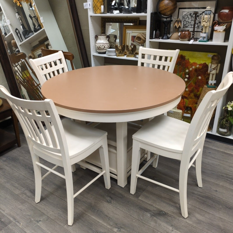 ROUND WHITE/BROWN TABLE W/4 CHAIRS