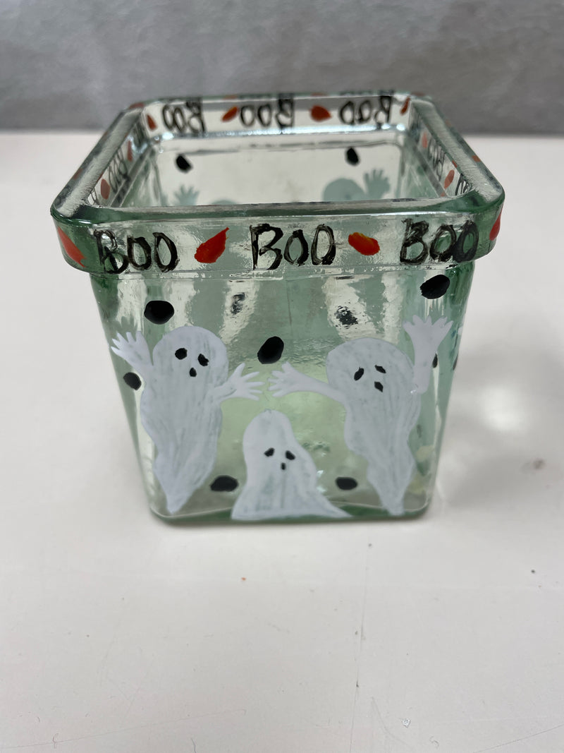 GLASS W/GHOSTS PAINTED CANDLE HOLDER