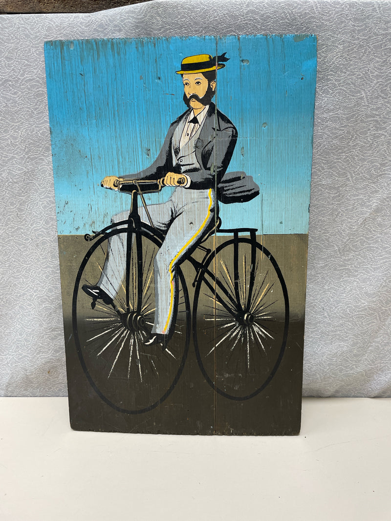 DAPER GENTLEMAN ON BICYCLE SCREENING ON WOOD