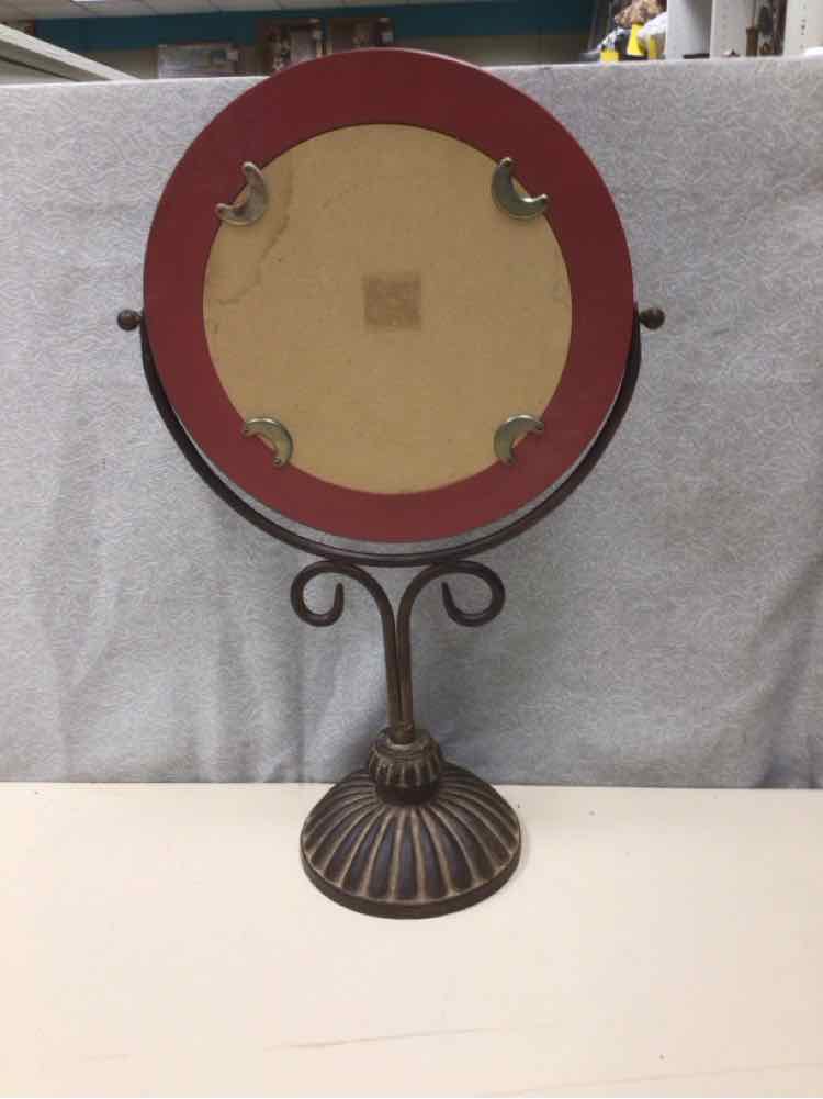 RED WOOD ROUND MIRROR METAL BASE