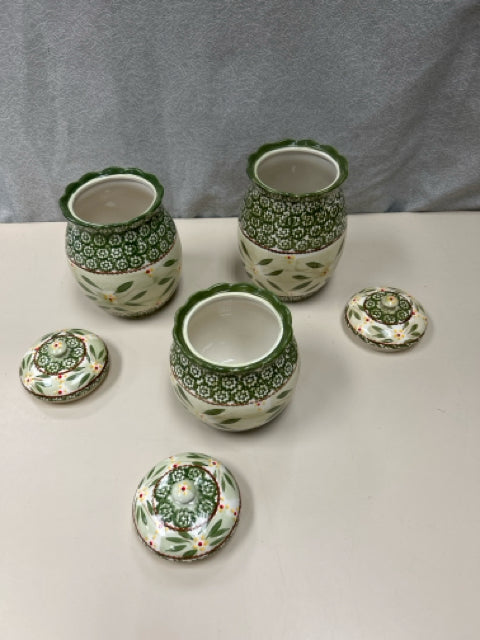 3 GREEN WHITE FLORAL CANISTERS