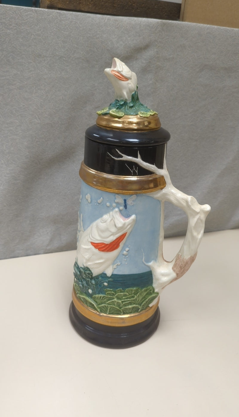 CERAMIC TALL FISH STEIN W/LID