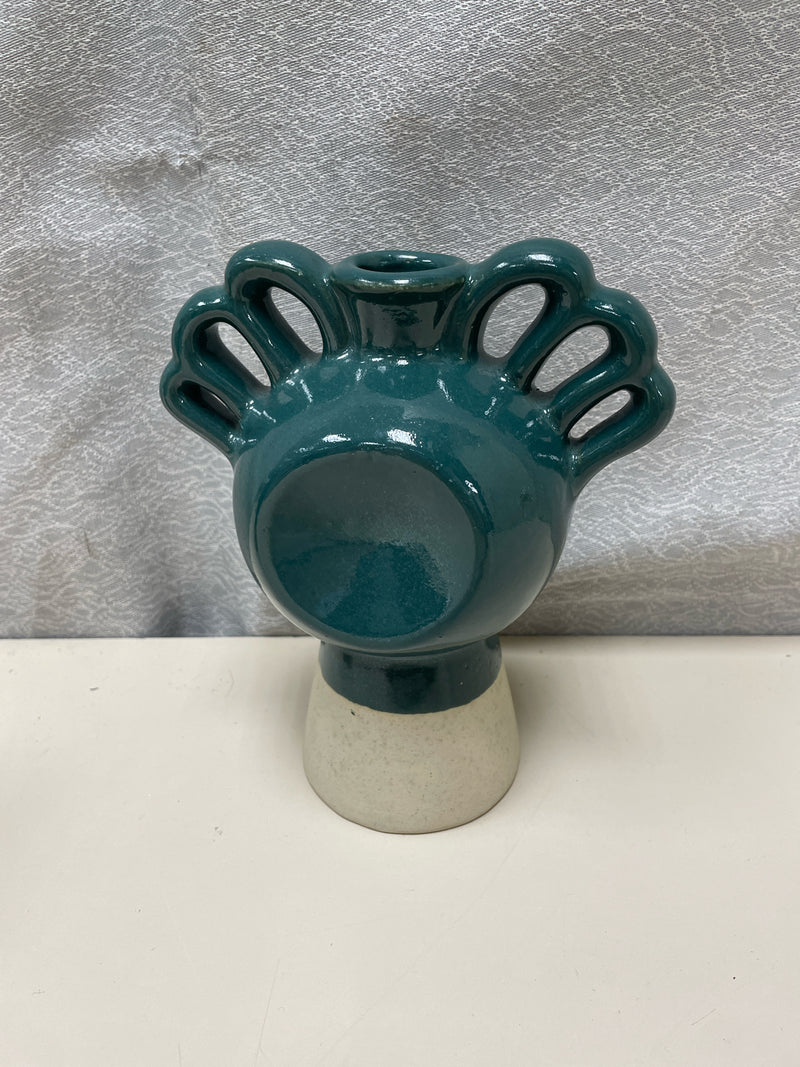 GREEN CERAMIC VASE W/HANDLES