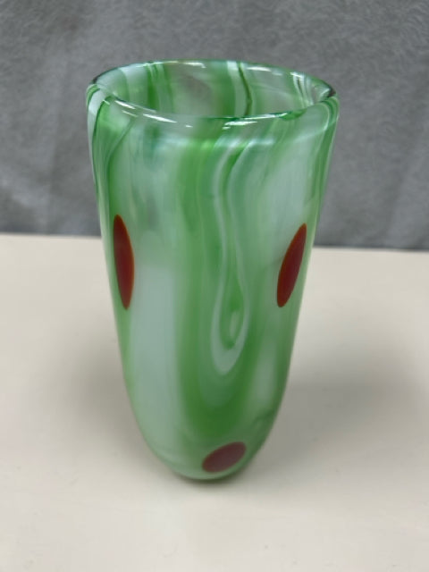 GREEN W/RED GLASS VASE