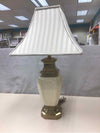 WHITE/GOLD TABLE LAMP WITH STRIPPED SHADE