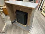 GREY FIREPLACE W/WOOD MANTLE