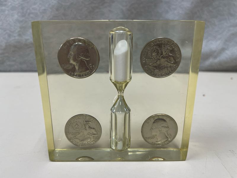 LUCITE PAPERWEIGHT W/ COINS AND HOURGLASS