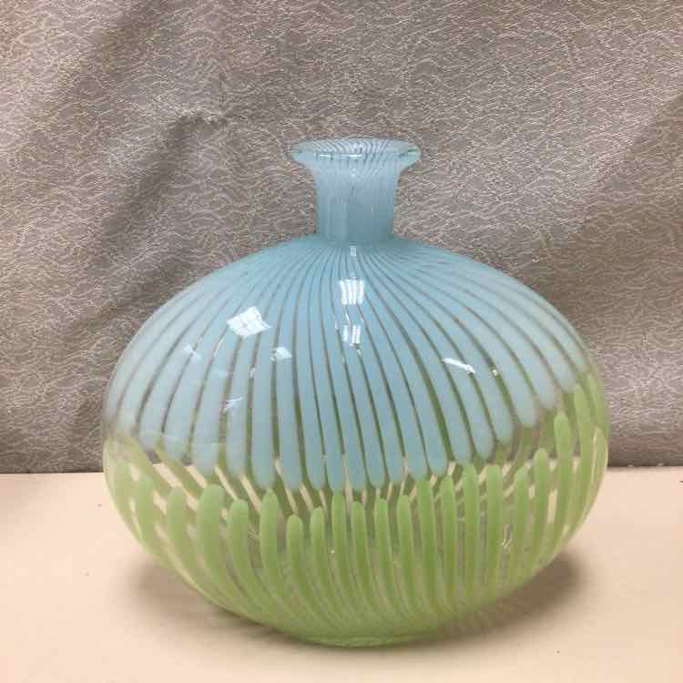 GREEN BLUE GLASS WIDE VASE