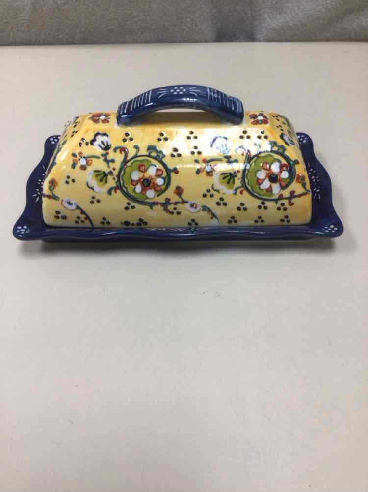 YELLOW/BLUE CERAMIC BUTTER DISH
