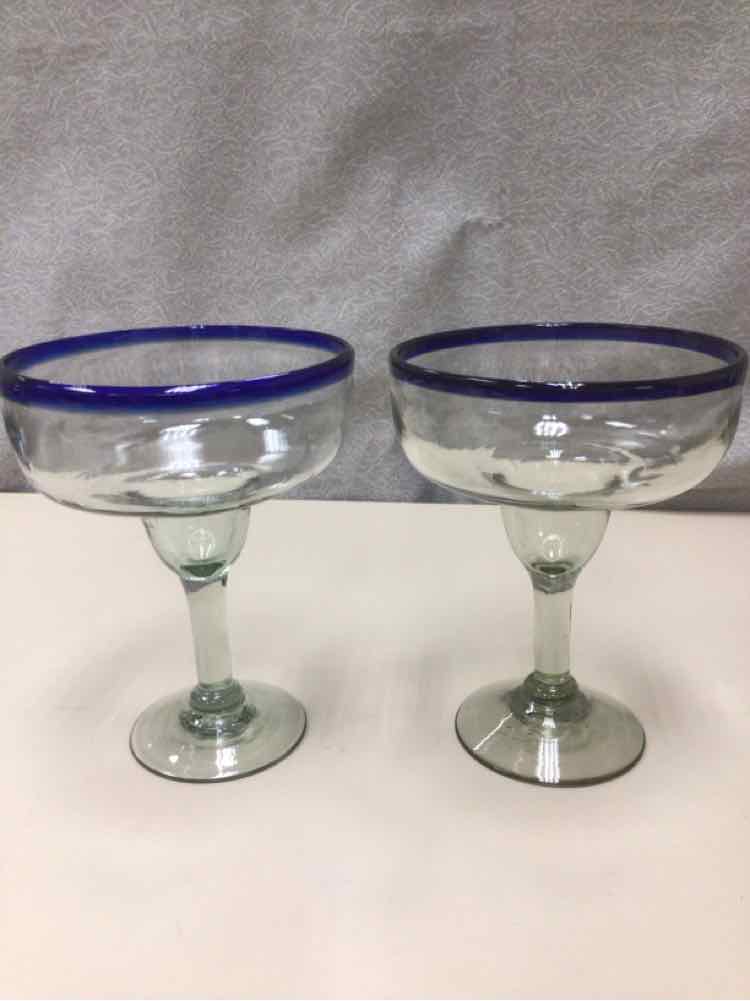 2 CLEAR W/BLUE MARGARITA GLASSES