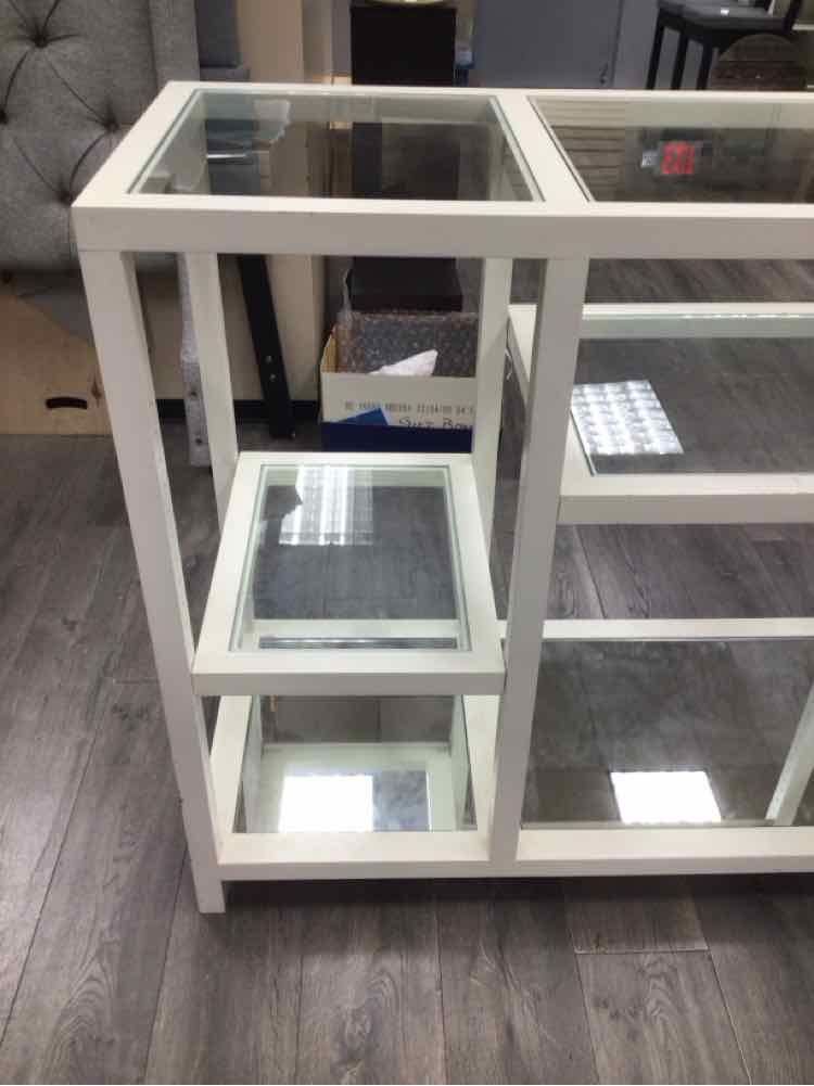 LARGE WHITE CONSOLE W/GLASS SHELVES