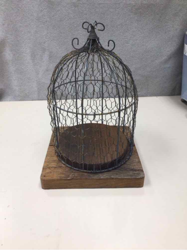 RETRO BIRD CAGE ON WOOD PEDESTAL
