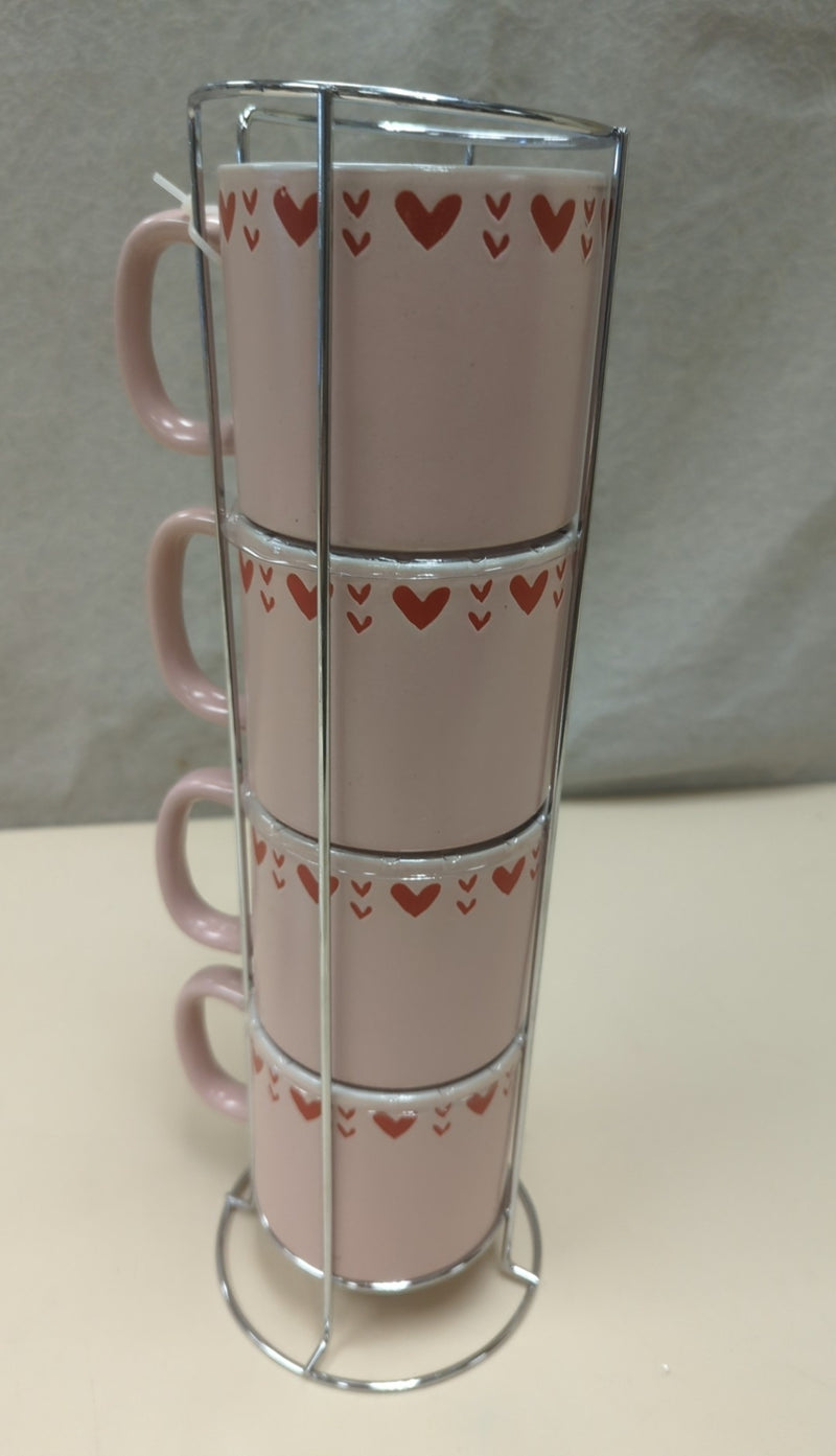 4 HEART SHAPE MUGS W/HOLDER