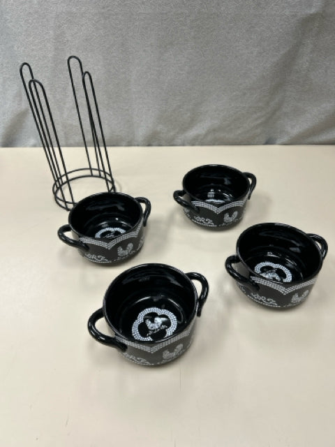 4 BLACK WHITE ROOSTER BOWLS