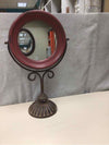 RED WOOD ROUND MIRROR METAL BASE
