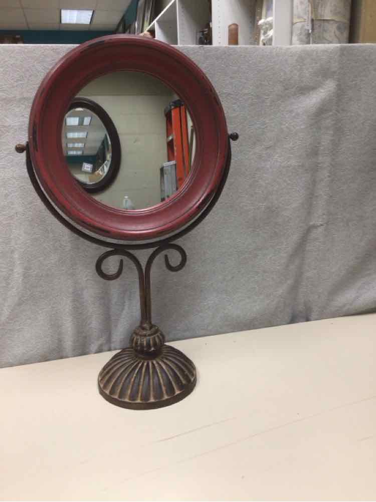RED WOOD ROUND MIRROR METAL BASE