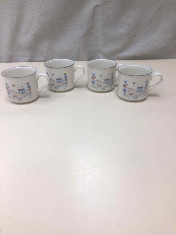 4 VINTAGE BLUE/BROWN MUGS
