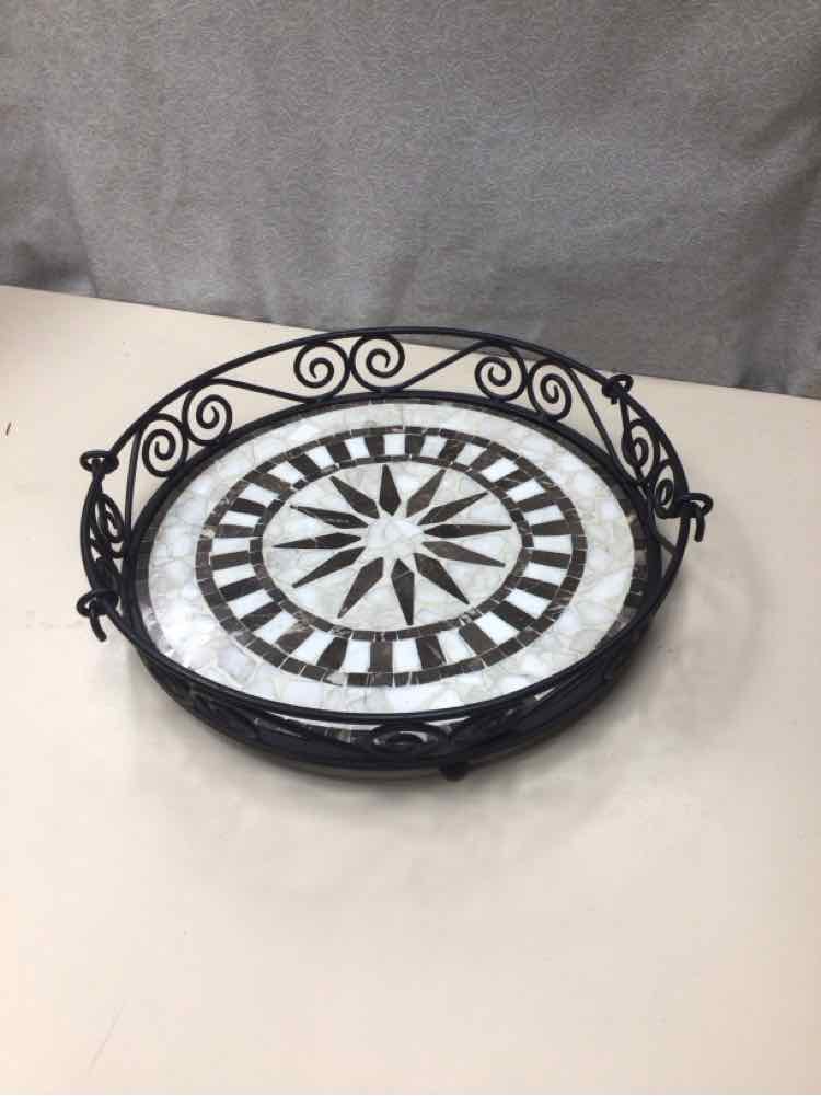 WHITE GREY MOSIAC W/METAL TILE TRAY