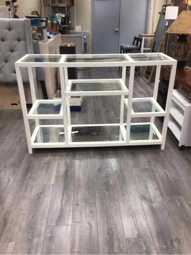 LARGE WHITE CONSOLE W/GLASS SHELVES