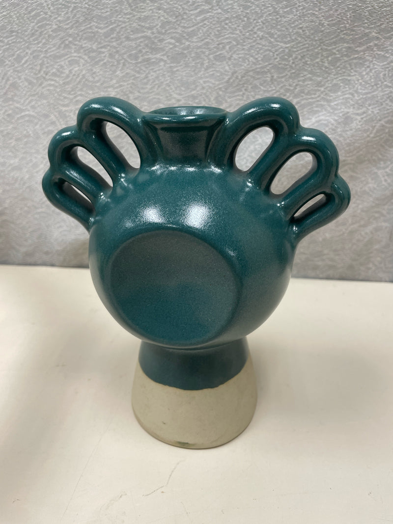 GREEN CERAMIC VASE W/HANDLES