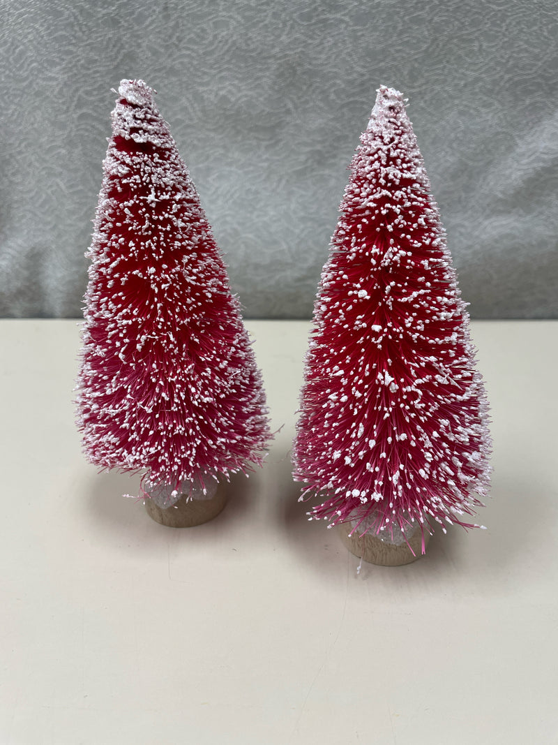 2 MINI RED TREES W/SNOW