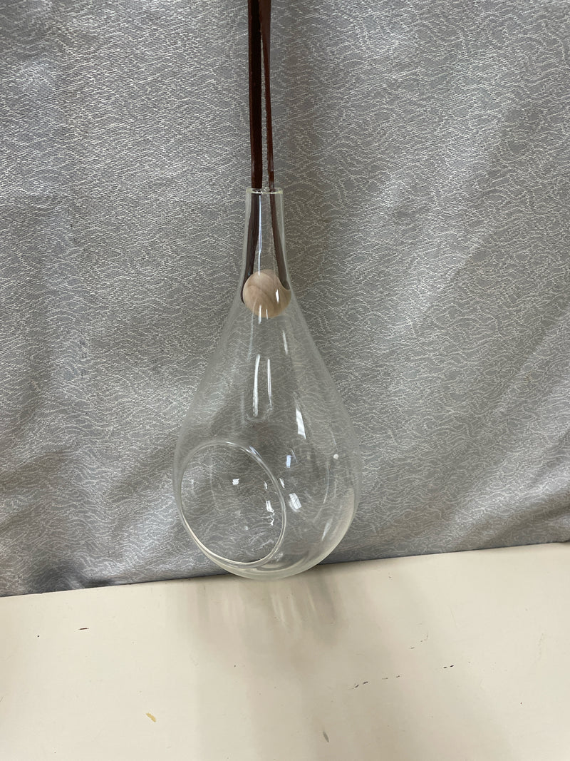 GLASS HANGING VASE W/LEATHER STRAP