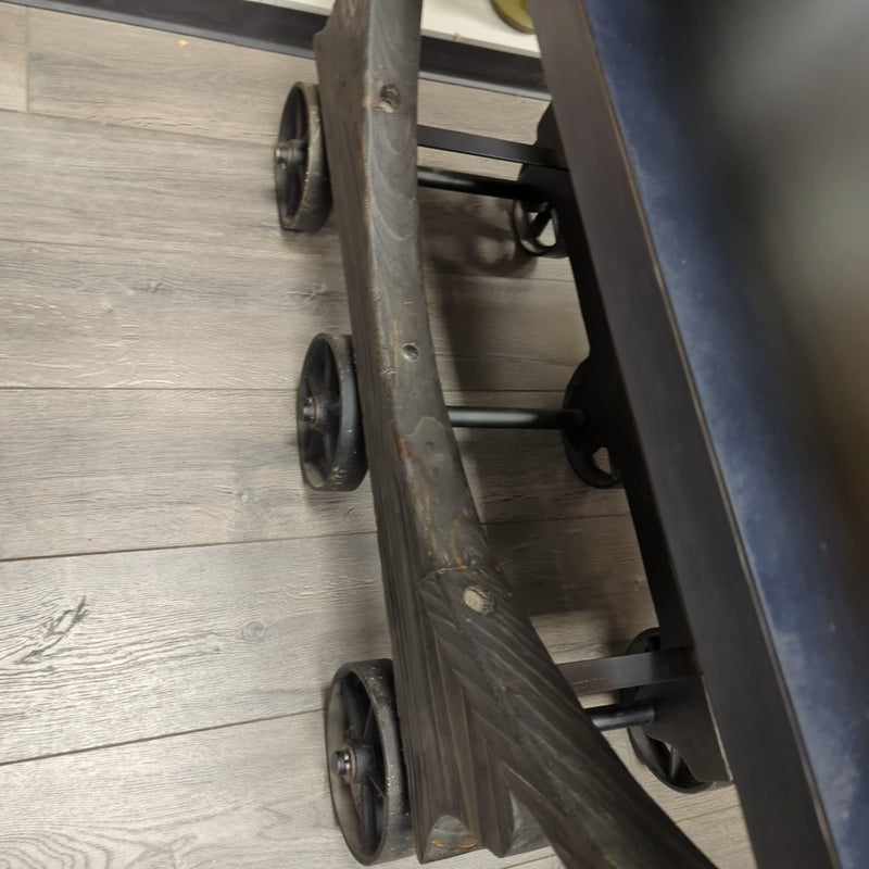 BLUE/BLACK IRON/WOOD CART W/WHEELS