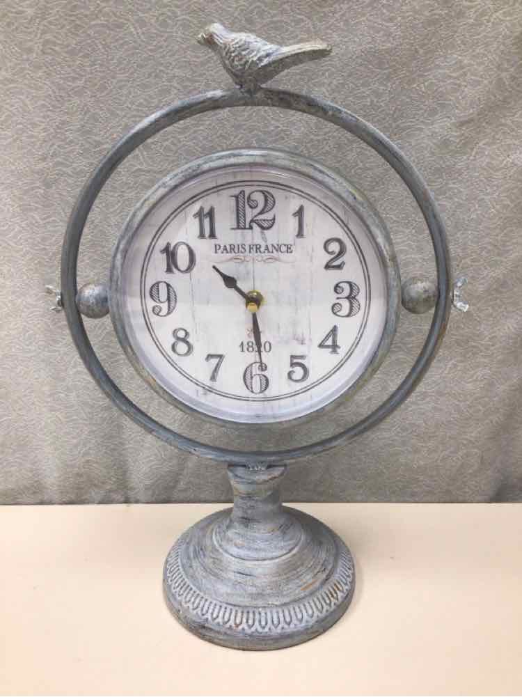 WHITE METAL CLOCK W/BIRD