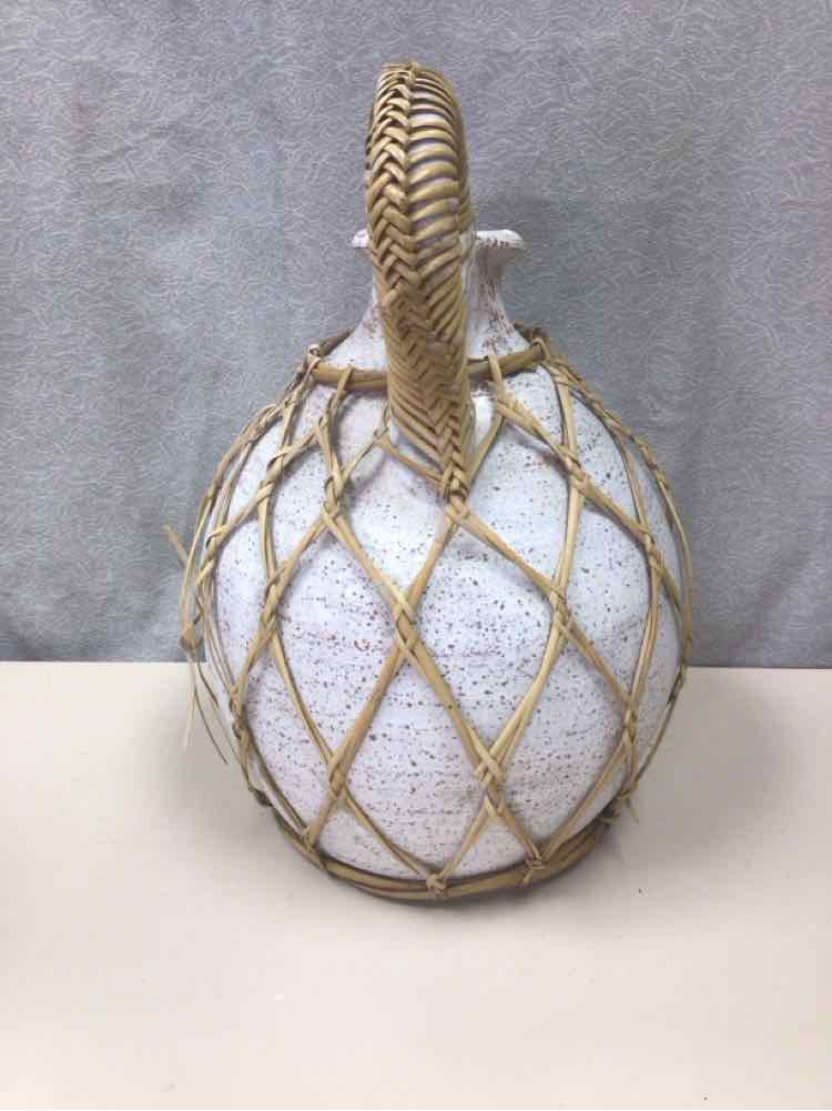 WHITE CLAY JAR W/WEAVING