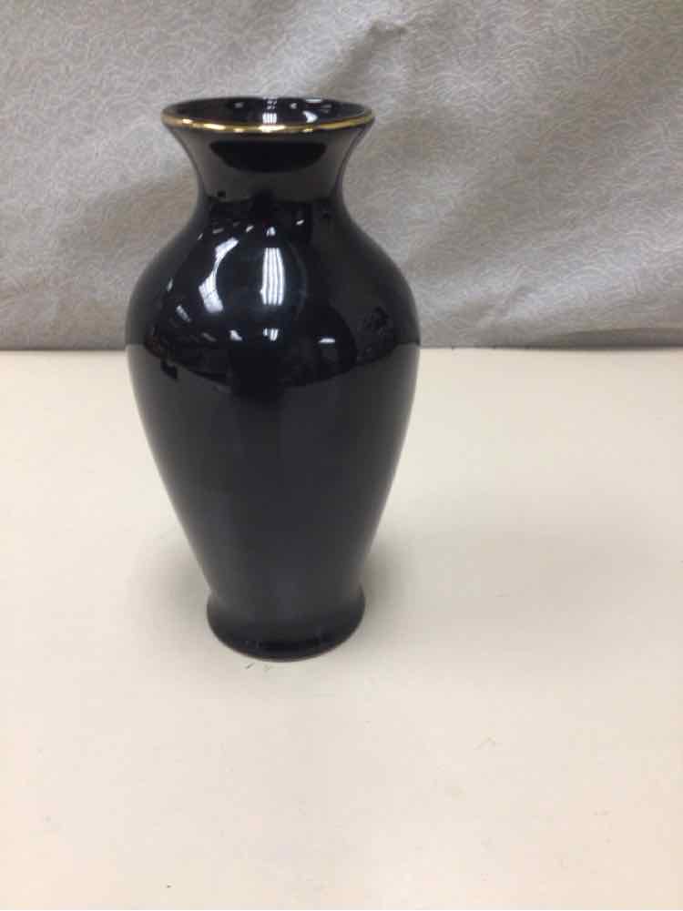 BLACK VASE W/PAINTED FLOWERS