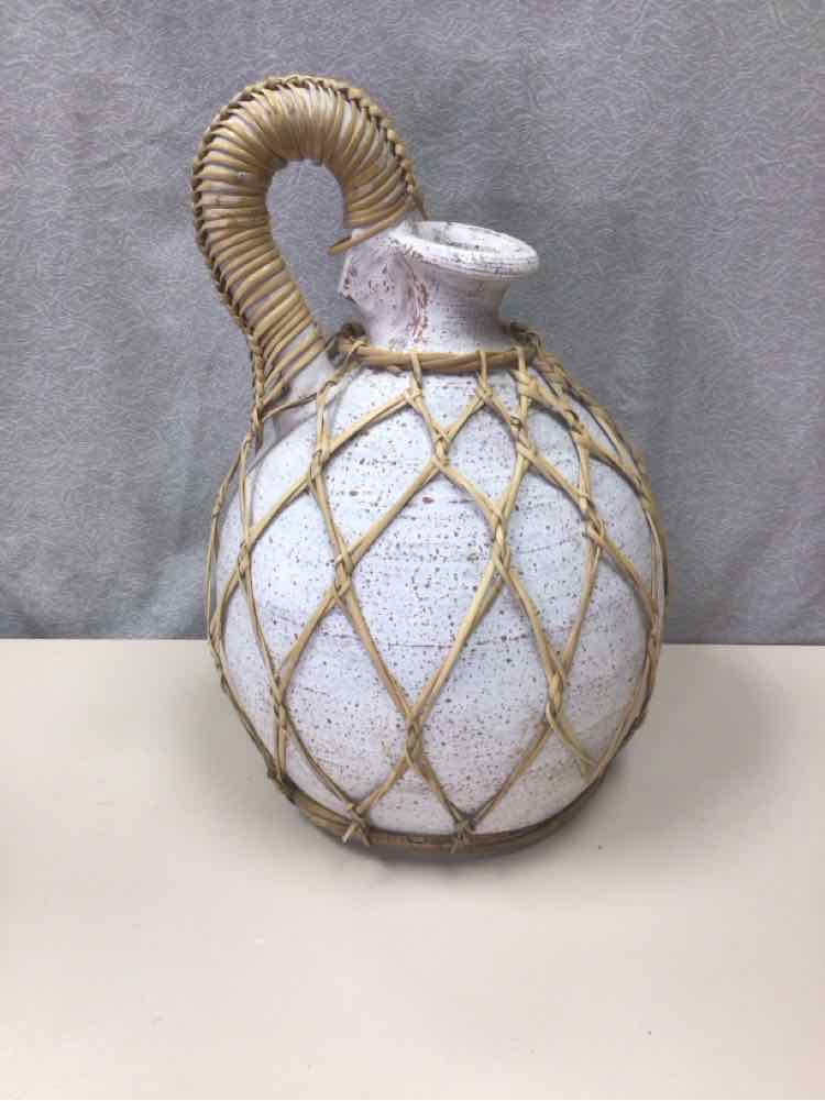 WHITE CLAY JAR W/WEAVING