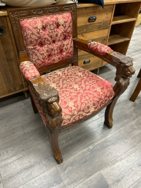 ORNATE CARVED WOOD LION ARMCHAIR