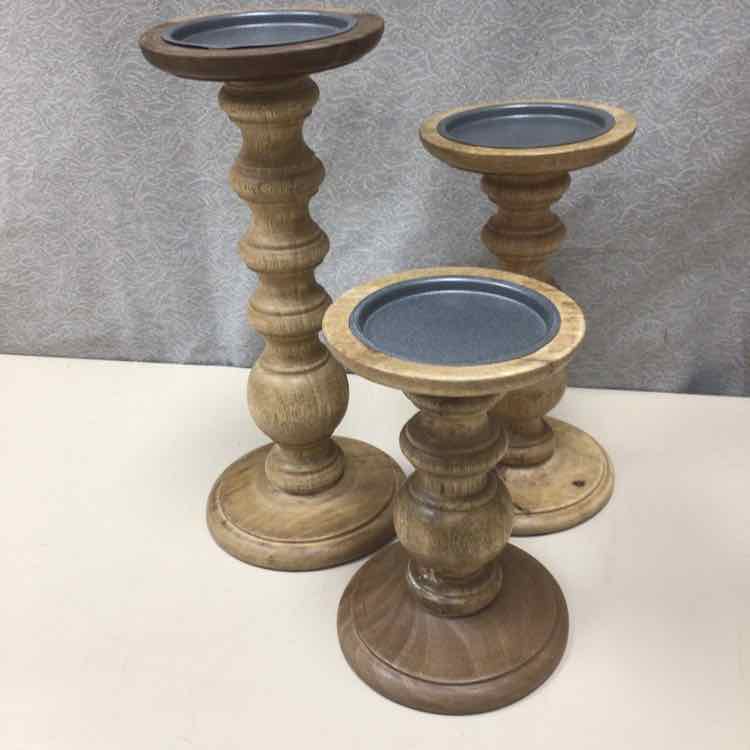 3 WOOD CANDLESTICKS