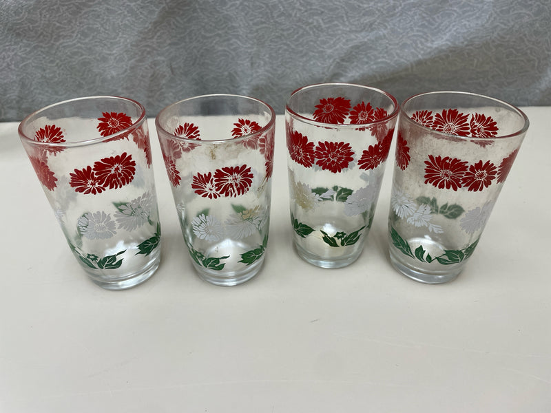 4 RED FLORAL VINTAGE GLASSES