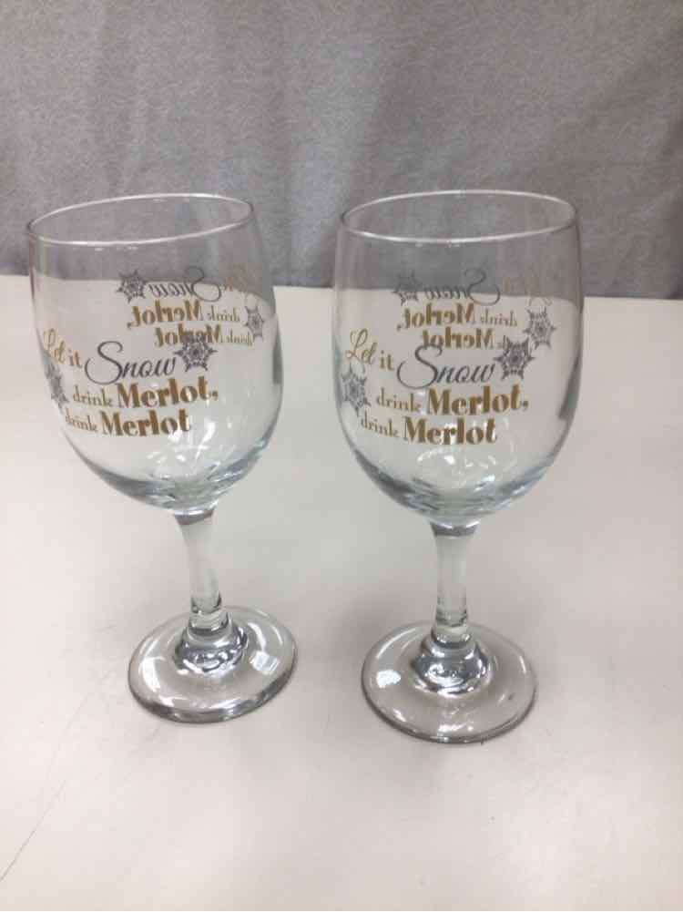 2 "DRINK MERLOT" WINE GLASSES