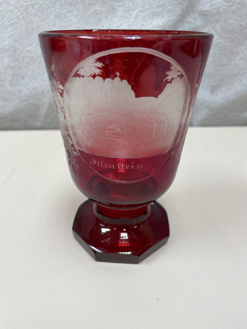 ETCHED RED GLASS GERMAN CUP