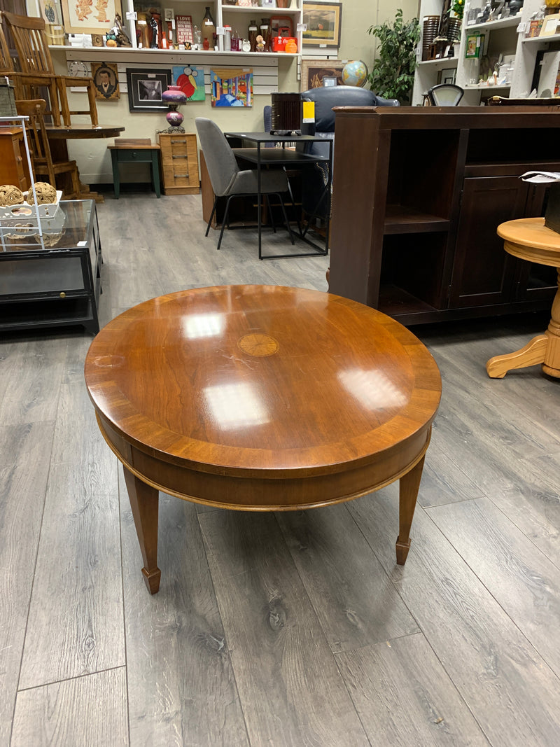 OVAL WOOD COFFEE TABLE W/ STARBURST DESIGN