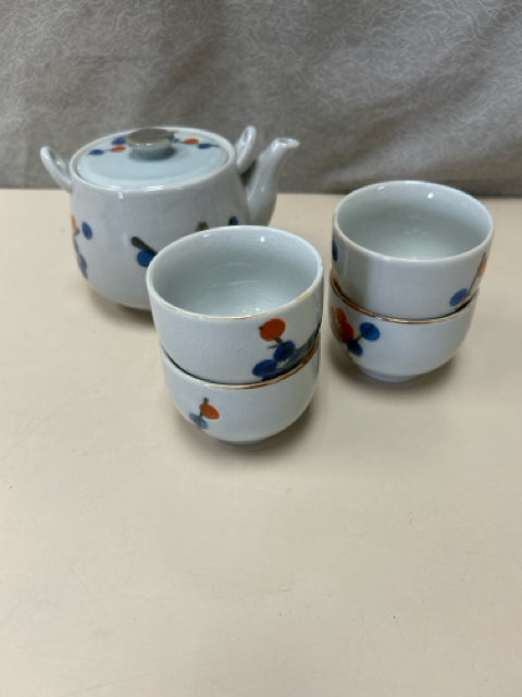 BLUE ORANGE FLORAL TEAPOT W/4 CUPS