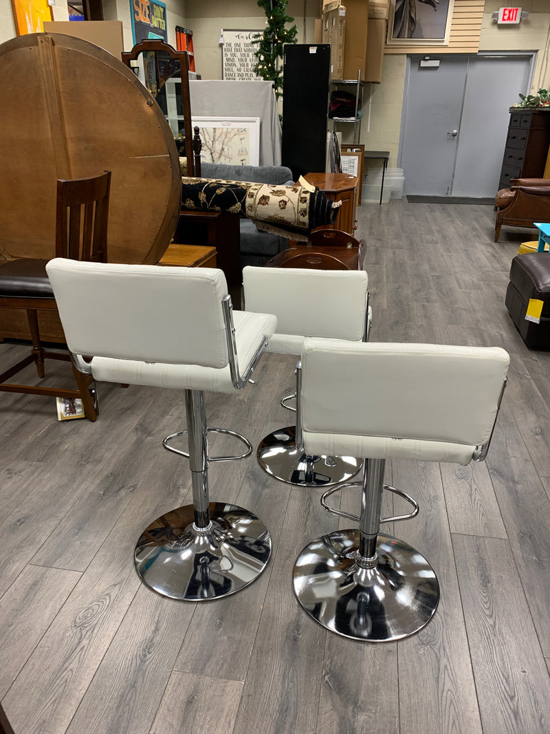 3 ADJUSTABLE WHITE FAUX LEATHER BAR STOOLS