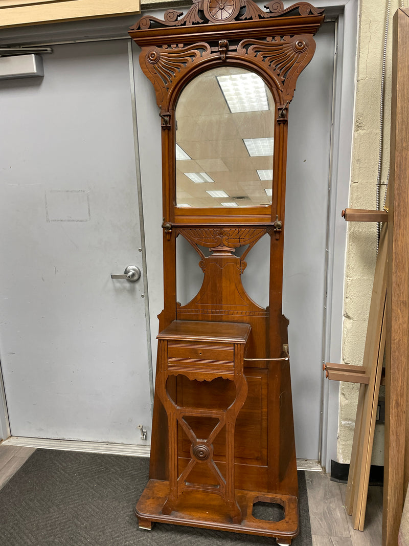 WOOD CARVED HALL TREE W/MIRROR