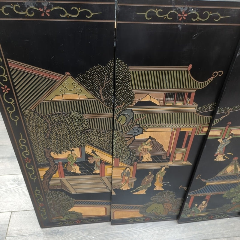 4 BLACK WOOD ASIAN PANEL ART