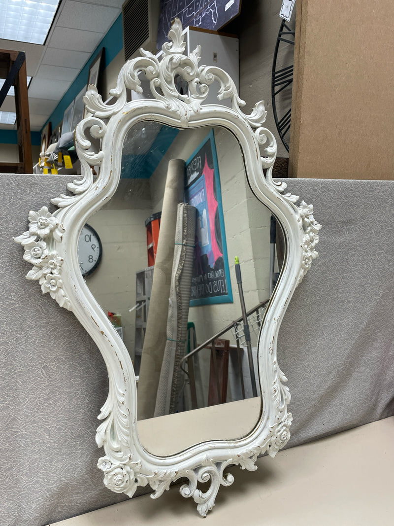 WHITE ORNATE WOOD MIRROR HANGING
