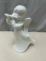 WHITE CERAMIC ANGEL PLAYING FLUTE STATUE