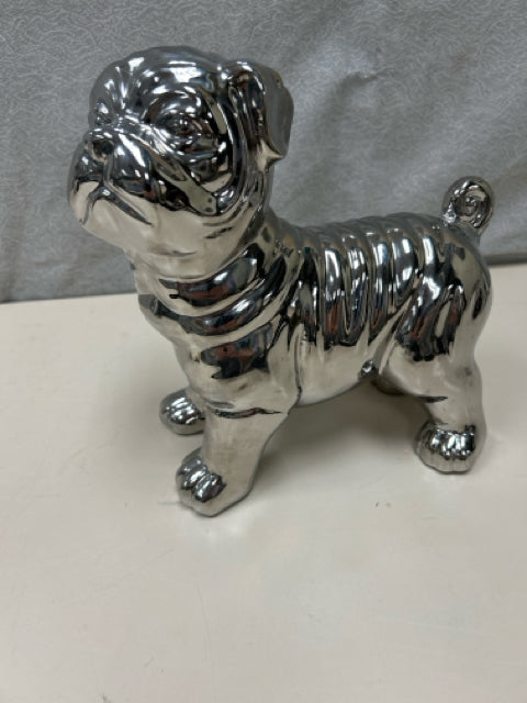 SILVER CERAMIC PUG STATUE