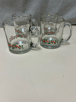 4 GLASS HOLLY THEME MUGS